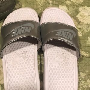 Nike white silver slides